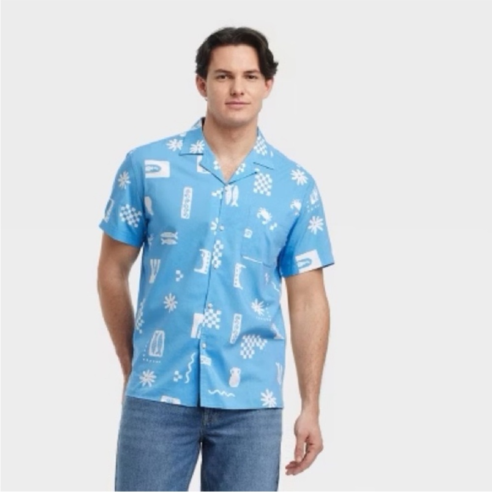 Goodfellow & Co Standard Short Sleeve Button Down Blue Hawaiian Shirt